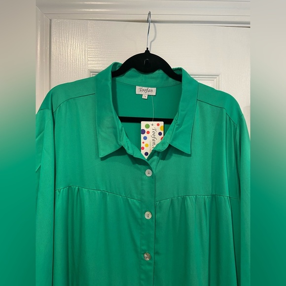NWT Toofan Size 2X Jade Green Long Sleeve Pearl Button Front Tiered Shift Dress - Picture 7 of 12